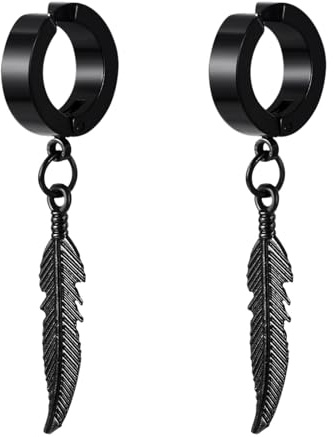 Flongo Fake Ohrringe ohne loch: Damen Huggie Hoop Feder ohrclips schwarz gold silber Creolen ohne ohrloch Feather Ohrklemme Ohr Clips Earrings Gothic Edelstahl wikinger Schmuck Geschenk Frauen Herren