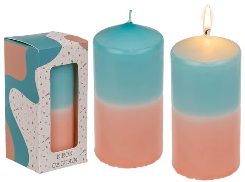 Bougie pilier avec dégradé de couleur, abricot/turquoise, env. 12 x 6 cm, dans une boîte cadeau
