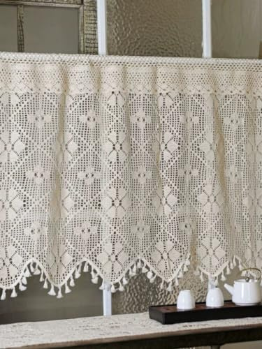 Yaland Bistrogardine Boho Gehäkelt Gardine mit Fransen 1 Stück HxB 95x125cm | Beige Häkel Kaffeevorhang Kurzgardine Häkelvorhang Landhausstil für Landhausstil, Küche & Wohnzimmer Spitzenvorhang