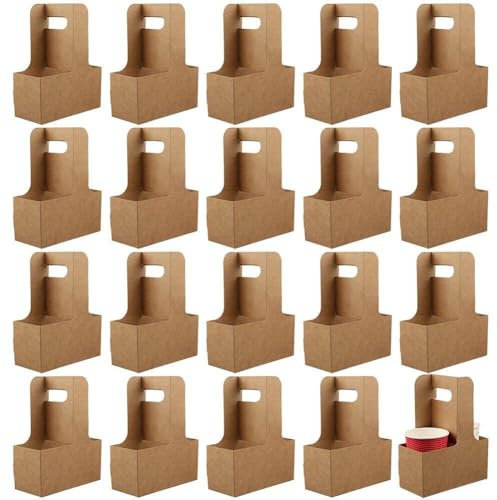 Muteitt 2 Cups Drink Carrier with Handle, 20pcs Kraft Paper Cup Holder for Hot or Cold Drinks, Coffee Cup Holder for Food Delivery Service