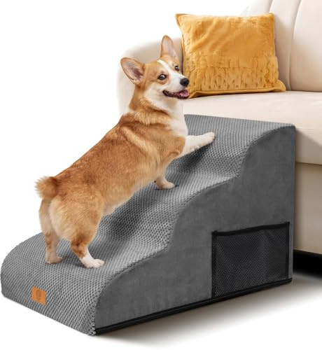 Scaletta per Cani 3 Gradini, Masthome Scala per Cani Antiscivolo in Spugna, Rampa Cane per Letto, Scale per Cuccioli, Gatti e Animali Anziani/Feriti, con Copertura Rimovibile e Lavabile, Grigio