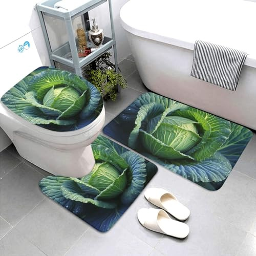 3 Piece Bathroom Rug Set Bright Vegetable Print Absorbent U Shape Wc Toilet Rug Soft Toilet Cushion Warmer Bathroom Mat Set