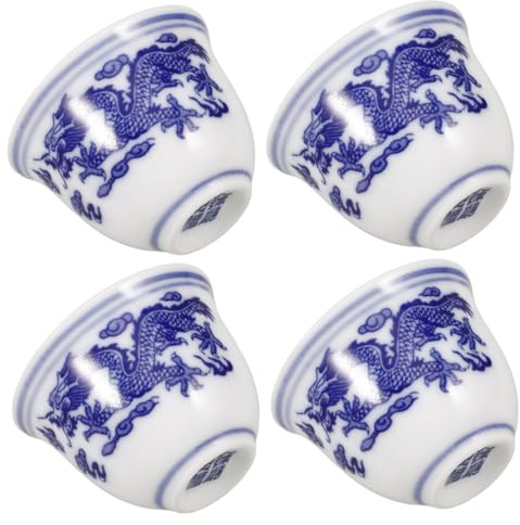 LALADEFIEE 25ml Chinesische Keramik Teetasse 4 Stück, Blau Weiß | Glatter Griff, Spülmaschinengeeignet, Leicht zu Reinigen, Schlichtes Elegantes Design für Alltag