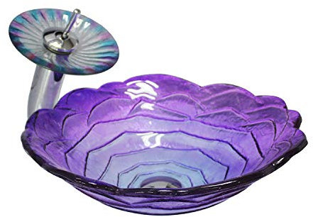 HDMOZUYT Badezimmer-Waschbecken, modern, künstlerische Blumenform, Aufsatzwaschbecken aus gehärtetem Glas, Waschtisch mit Wasserfall-Wasserhahn, Pop-up-Ablaufgarnitur, Befestigungsring, B (B)