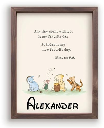 Winnie the Pooh Nursery Decor Wall Art Personalized Baby Room Vintage Wooden Framed Favorite Day Prints 16 Inch Book Quote Hanging Artwork Decorations with Custom Name