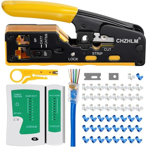 Rj45 Kit d'outils de sertissage Ethernet pour connecteur téléphonique 8P-Cat7 Cat6 Cat5 6P 6P Pince à sertir RJ45 avec testeur de câble Connecteurs Mini dénudeur jaune
