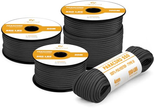 Abma Cord Paracord 4mm 15m Schnur Typ III Paracord 550 Seil 7 Kern für Outdoor, Camping, Survival, Basteln, Armband - Max. 250kg - Schwarz