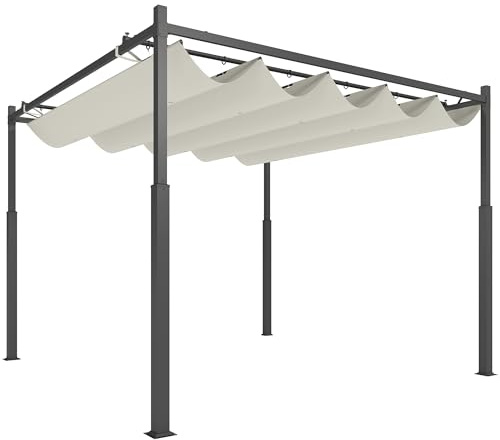 Outsunny 3 x 3(m) Metal Pergola with Retractable Roof and Magnetic Fixture, Outdoor Gazebo Garden Pergola Kit Sun Shade Canopy, UPF30+, 80mm Metal Column, Cream White