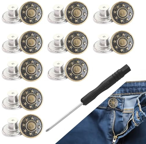 10Pcs Jeans Buttons with Threads, Rivets and Screwdriver - 17mm Adjustable Replacement Tack Button Pins No Sew, Removable Pants Fasteners for Bags and Clothing