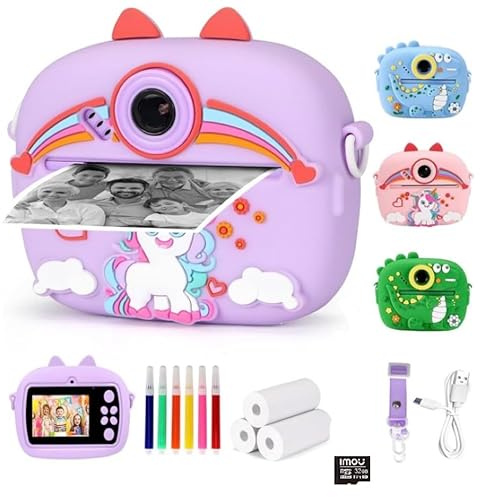 Cámara de Fotos Infantil Instantánea, con Tarjeta 32GB y Papel Fotográfico. 5 en 1: Fotos, Vdeo, Música, Juegos y Pintura. Pantalla 2.4, 4800px, Full HD 1080P. Ideal para 3 a 12 años. (Morado)