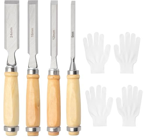 APOMOONS Set di 4 Scalpelli per Legno 6, 12, 18, 24mm Scalpelli per Legno Professionale per La Lavorazione Del Legno Fai Da Te con 2 Paia di Guanti E Borsa per Il Trasporto