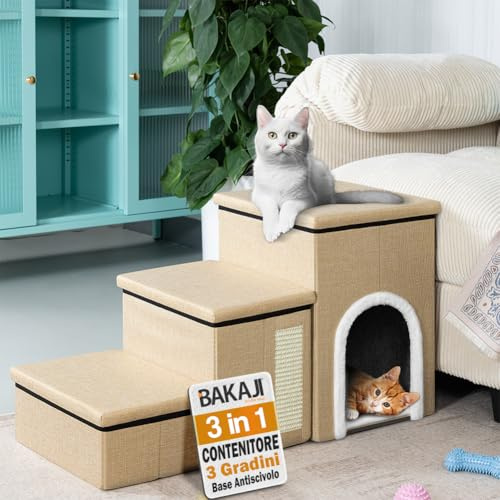 BAKAJI Scale per Cani e Gatti 3in1 Pieghevole in Poliestere Beige, Scala per Animali Domestici Multifunzione, Scaletta Vano Contenitore e Cuccia Casetta, Gradini Ergonomiche, Fondo Antiscivolo