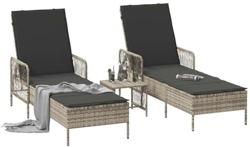 vidaXL Sonnenliege 3 STK. Poly-Rattan Hellgrau und Dunkelgrau | Fünf bequeme Liegepositionen zur Auswahl, UV-beständiger Stoff mit trendigem Rattan-Look, Klare Linien, die in jeden