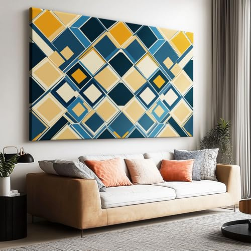 Peinture à l'huile Jaune Moutarde Affiche Toile Art Mural Peinture, Tableau sur Toile Mosaïque Géométrique Abstraite en Losange pour Salon Décoration d'intérieur 160 x 80 cm (L x l) Sans Cadre