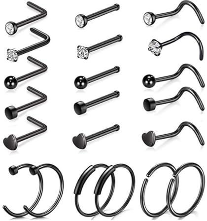 LOCCY 21-30 Stück 20G Nasenpiercing, 316L Edelstahl Nasenring Nasenstecker Silber/Gold Screw/Straight/L-Form Nasenpiercing mit Zirkonia Nostril Piercing Schmuck für Frauen Männer