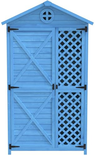 LARFOEK Armadio da giardino in legno, resistente alle intemperie, con porta, armadietto per attrezzi da esterno con ripiani, per piccoli giardini, terrazze, 90 x 53 x 175,3 cm, blu (blu)