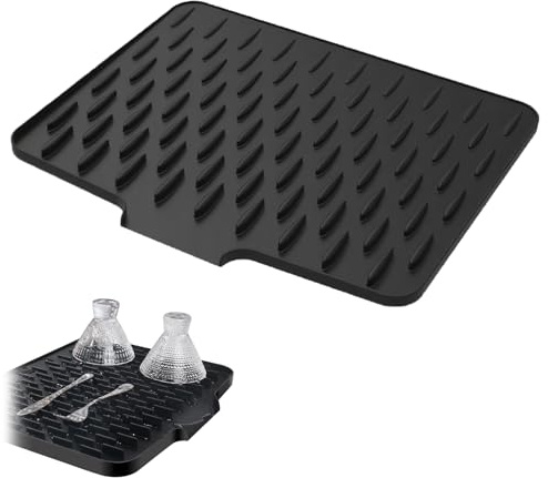 Draining Board Mats,Dish Drying Mat for Kitchen Counter,Sloped Silicone Draining Mat for Sink,15.8''*12.6'' Large Sink Drainer Mat for Kitchen Worktops (Black)