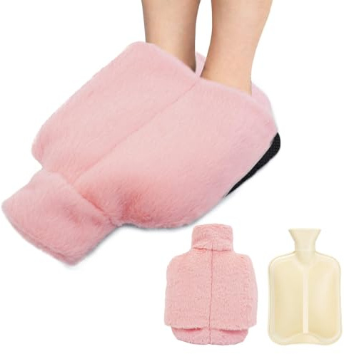 Wärmflasche mit Bezug 2 L, Wärmeflasche mit Fußwärmer Tasche, Auslaufsichere Flauschige Wärmflasche, lindern Nacken und Schulter, Rücken, Bein und Taille Schmerzen Erwärmung Wasserbeutel Rosa