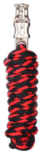 Merauno® Führstrick für Pferd - Anbindestrick in verschiedenen stylischen Designs, Führleine, Anbindeseil Pony, Esel, Ziege mit Panikhaken (Rot Schwarz, Panikhaken)