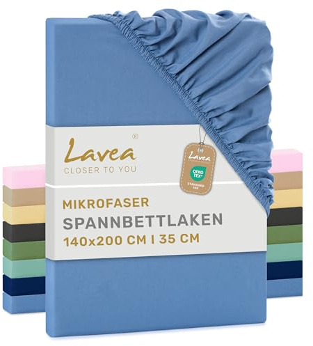 Lavea® Spannbettlaken 140x200 cm aus Mikrofaser, Bettlaken mit Rundumgummi, für Matratzen bis 35 cm, atmungsaktiv und kühlend, pflegeleicht, Spannbetttücher, 1 Stück, Himmelblau