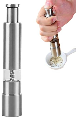 Moulin à sel et à poivre – Acier inoxydable 6,02 x 1,1 po | Moulin à sel et à poivre à une main, bouton poussoir | Opération à une main, gadget de meulage à presse manuelle, 1 pièce/2 pièces