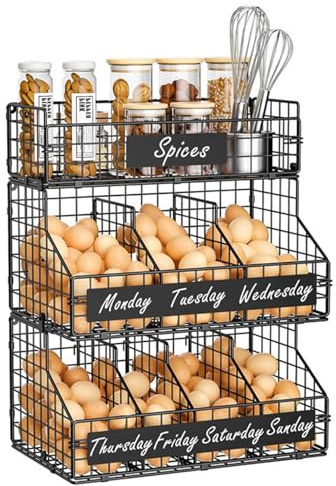 Egg Holder for Countertop/Worktop, Large Capacity 3 Tier Egg Storage Rack with 5 Adjustable Dividers, Wipe-Clean Labels & Erasable Pen, Carbon Steel Egg Organiser for Weekly Sorting
