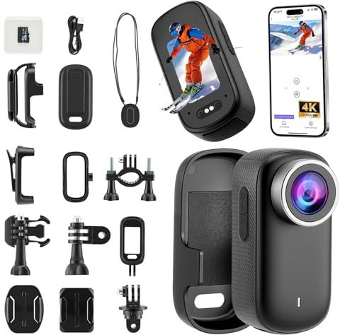 4K Action Kamera Mini Bodycam mit 180° Drehbarem Bildschirm, Magnetische Freihändig POV Kamera mit 64GB Karte, 30m Wasserdichte Unterwasserkamera für Radfahren Motorrad Helm Pet Vlogging (Schwarz)