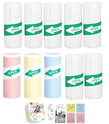 10 Rollen Selbstklebendes Thermopapier für Mini-Drucker, 3 Leuchtende Farben und 7 Weiß, Selbstklebendes Aufkleberpapier für Kinder-Sofortbildkameras, Fotos & Notizen