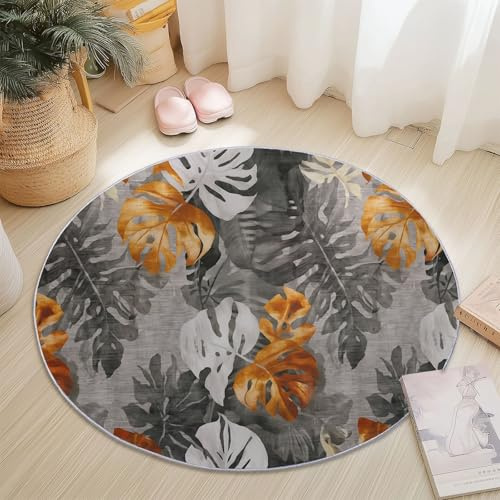 Tappeto Rotondo Salotto Lavabile, Arte Acquerello Piante Monstera Deliziosa Antiscivolo Tappeto - Grigio Antracite Tappeto Rotondo con Supporto 60 cm (Rond) Tappeti per Cameretta Bambino Ufficio