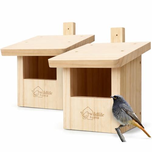 WILDLIFE HOME Nistkasten Halbhöhle – 2er Set für Rotschwänzchen, Rotkehlchen aus Massiv-Holz I Nistkästen für Vögel draußen I Wetterfest & Unbehandelt I Vogelhaus, Vogelnistkasten, 2 Stück