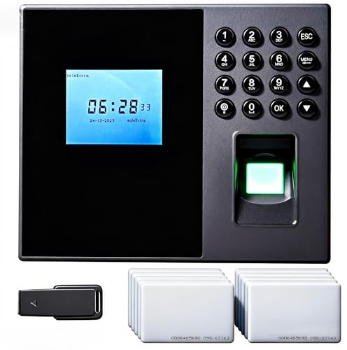 Control Horario para Empleados – Reloj de Fichar Biométrico 3-en-1 con Huella Dactilar, 10 Tarjetas RFID y Código Pin – Máquina de Asistencia para Pequeñas Empresas, Español, Sin Cuotas Mensuales