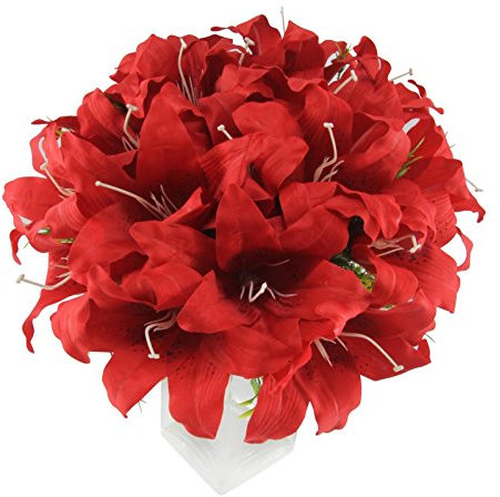 Giant 18 Head Premium Lily Bouquet - Artificial Silk Flowers Fake Stargazer[Red]