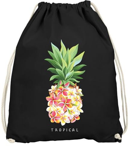 Autiga® Turnbeutel Ananas Blumen Pineapple Flowers Tropical Summer Paradise Hipster Beutel Tasche Gymsac Schwarz unisize