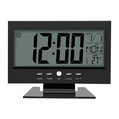 Samfox Orologio Elettrico, Sveglia Digitale Multifunzione con Sensore Sonoro, Display LCD, Adatta alle Camere da Letto di Bambini e Adulti (Nero, 15,4 cm x 11,8 cm x 3,7 cm)