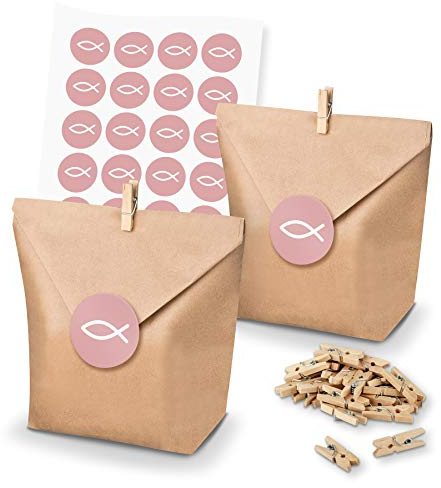 itenga Set Fisch 24x Geschenktüten Papier Braun inkl Aufkleber Sticker für Gastgeschenke Taufe Kommunion Konfirmation (Altrosa)