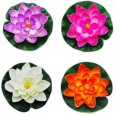 4 Pcs Water Feature Artificial Lotus Floating Pond Planter Realistic Water Lily Fountain Waterproof Landscape Plants Decoration 10cm (As Shown 1)
