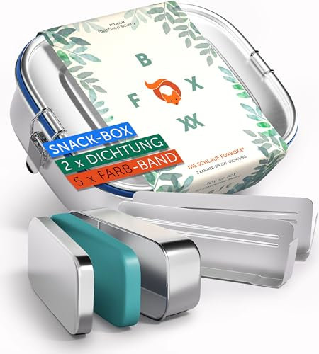 FOXBOXX Edelstahl Brotdose/Mini 800ml Special/MINI Dose 150ml 2 Deckel / 5 DEKO-Farbringe + Ersatzdichtung + 2 Trennwände = 3 Fächer/Kinder