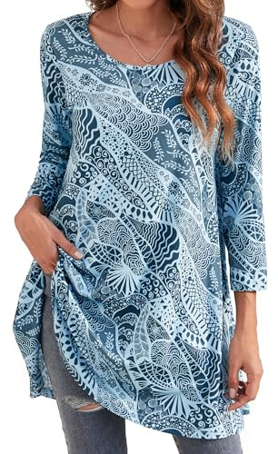 Enmain Womens Blue Floral Long Sleeve Tunic Top Loose Blouse T Shirt Ladies Swing Dress Top Elegant Stretch Round Neck Longline Blouse XXL