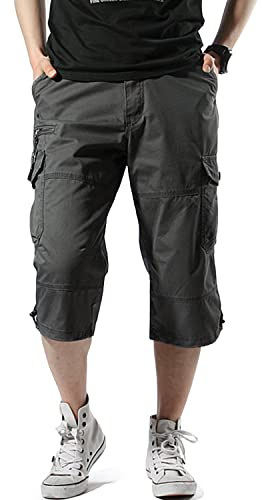 Misfuso Short Bermuda Homme Cargo, Taille Élastique, Pantalon Casual en Coton avec Ceinture Gris foncé XXL