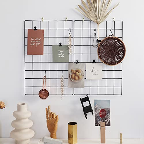 FRIADE Wall Grid Panel for Photo Display,Wall Storage Organizer,5 Metal Clips & 3 S Hooks & 4 Nails & 4 Plastic Hanging Buckles and 4 Screws Offered,Size 17.5 x 11.8，Set of 2 (Black)