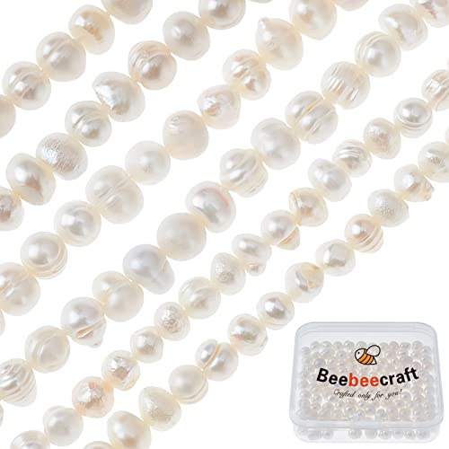 Beebeecraft 1 Scatola 2 Fili di Perle d'Acqua Dolce Bianco cremoso Naturale Genuino coltivato Quasi Rotondo Perline di Perle 5-6mm per bracciali, collane, Orecchini