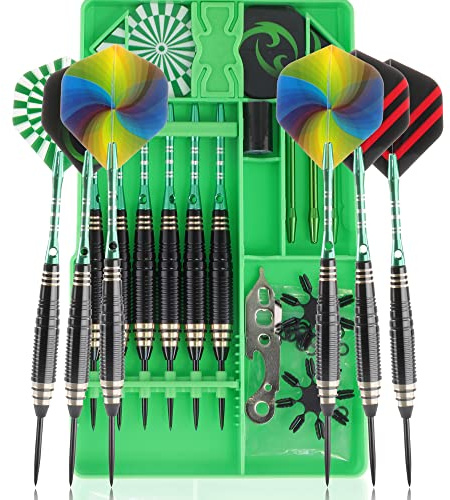 CareGames dartpilar med metallspets, 6 stycken 24 gram professionella steeldarts 9 aluminiumskaft med 12 flights, 20 ringar, 2 flygskydd, Sharpener och verktyg, presentförpackning