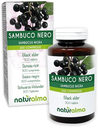 Schwarze Holunder (Sambucus nigra) Blüten und Früchte Naturalma - 150 g - 300 Tabletten - Nahrungsergänzungsmittel - Natürlich und Vegan