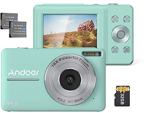 Andoer Fotocamera digitale con scheda SD 32 GB 2 pz batterie ricaricabili 1080 P 44 M HD 16X Zoom digitale Anti-shake Messa a fuoco automatica 2.5 schermo IPS sorriso LCD per bambini, Verde menta