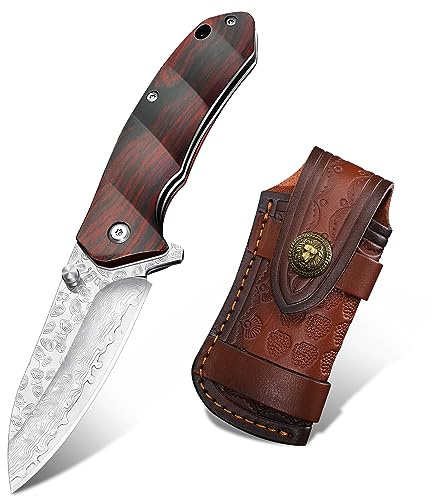 Japaknives Damast Taschenmesser Survival - 67 Schichten, VG10-Kern, 8 cm | Ergonomisch Rosenholzgriff, Lederscheide, Klappmesser für Outdoor Bushcraft, Ideal als Geschenk