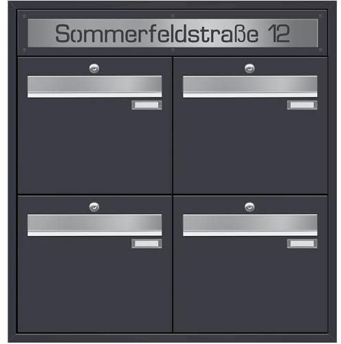 Frabox Briefkastenanlage 4 Parteien Unterputz Briefkasten XXL personalisiert Straße Hausnummer RAL 7016 Mehrfamilienhaus anthrazit-grau ohne Zeitungsfach Wandbriefkasten groß Made in Germany LUIS