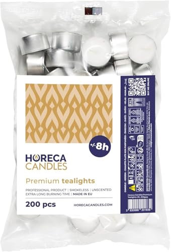 Horeca Candles - Teelichter 8 Stunden Brenndauer - Weiß - 200 Stück - Im Beutel - Aluhülle - Kerzen zum Feiern, Deko, Hochzeit, Gastro, Party - Unparfümiert - Premium Qualitä