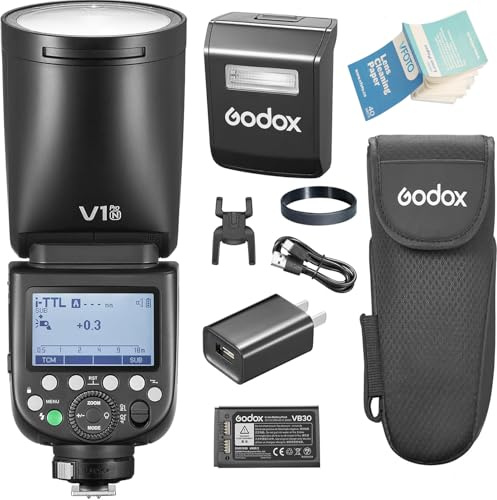 Godox V1PRO-N TTL Li-ion Rundem Kopf Kamerablitz Kompatibel mit Nikon | 76Ws 2.4G HSS 1/8000s, 2980mAh Lithium Batterie,Innovativer Externer Blitz SU-1 LED Modellierung Lampe,M/TTL-Blitzmodus