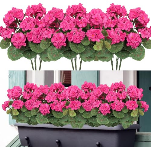 Weldomcor Set med tre blomknippen med konstgjorda sidenblommor, UV-beständig konstgjord pelargon för inomhus- och utomhusbruk, hängande trädgård, veranda, fönster, låda, rödrosa