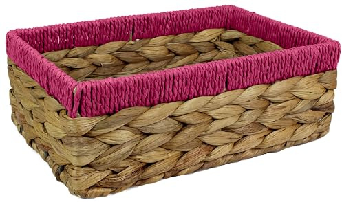 Rectangular Water Hyacinth Small baskets for storage Natural and Pink wicker basket shelves open Decorative gift box Small bathroom mini tray makeup bathroom Kitchen organiser (Medium 22cm, 1, Pack)